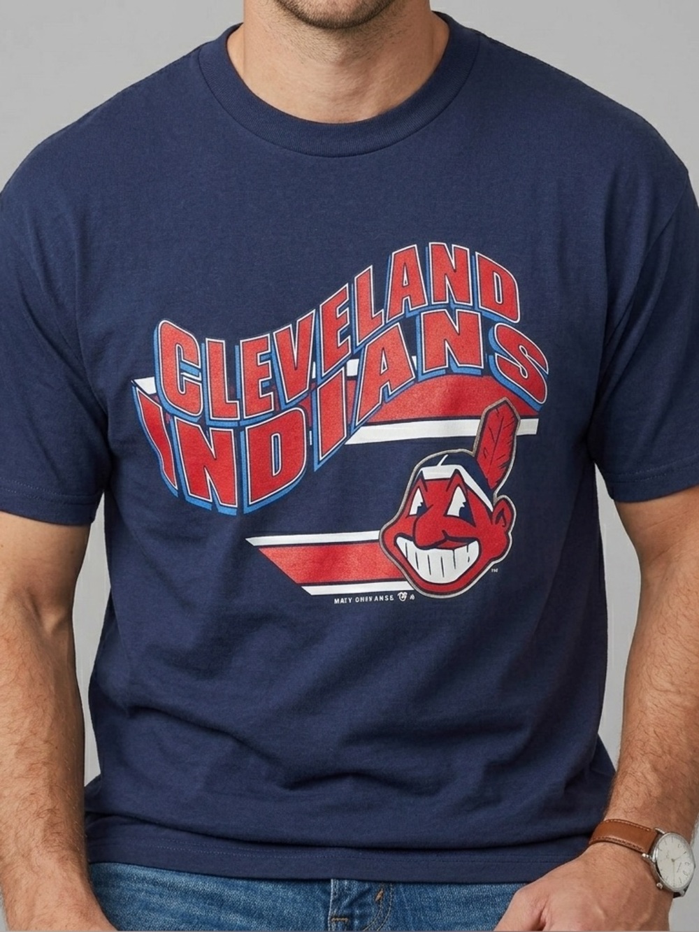 Vintage 1989 Cleveland Indians Shirt XXL Trench MLB Chief Wahoo Navy Blue Tee